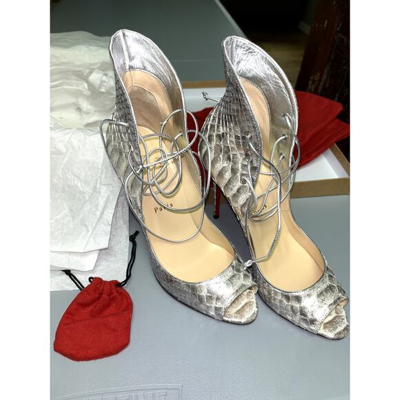 Christian Louboutin Shoes - Christian Louboutin Mega Vamp Snake Skin Lace Up Grey Heels Size 38